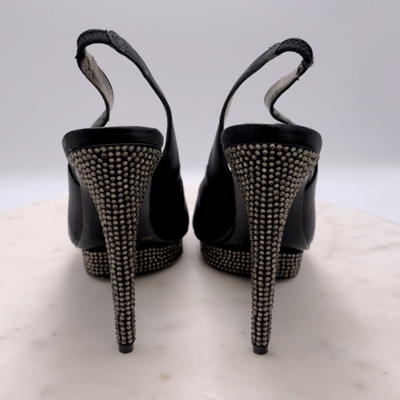 BCBGMAXAZRIA Falcon Black Satin Rhinestone Heels 8.5 Peep Toe Holiday Party - Picture 5 of 13